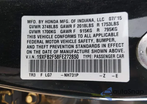 2015 Honda Civic z USA, uszkodzony, nr VIN 19XFB2F58FE272850